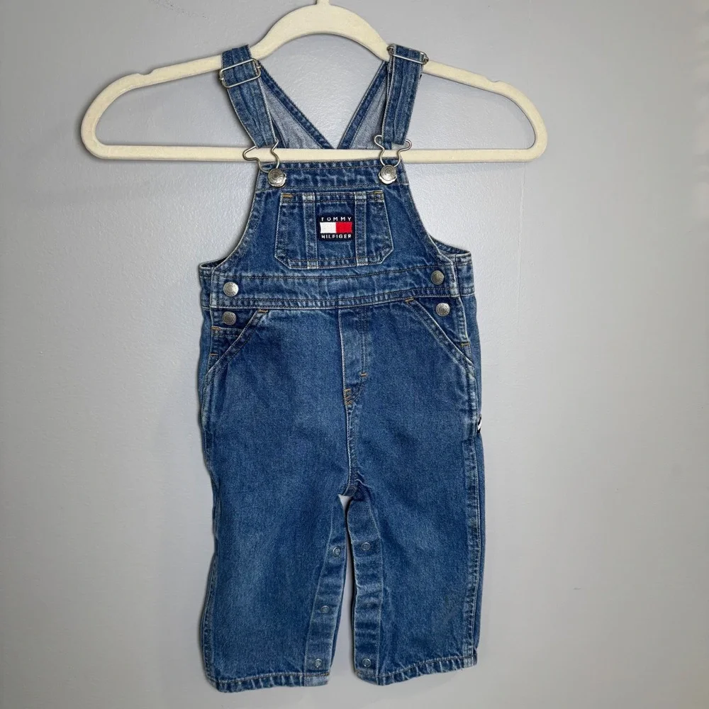 Tommy Hilfiger Vintage Denim Carpenter Overalls 12-18M Blue Snap Inseam Logo